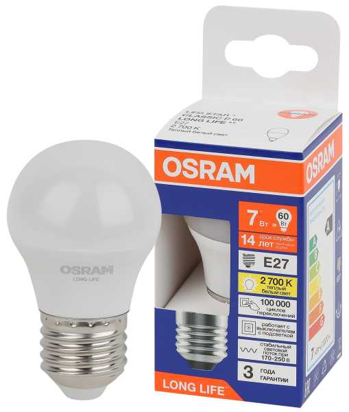 Лампа светодиодная шар LED 7Вт Е27 2700К 600Лм 170-250В (замена 60Вт) OSRAM от магазина РЭССИ