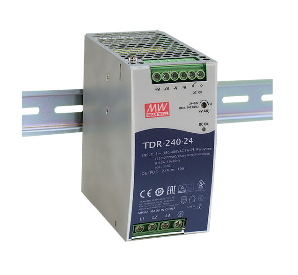 Блок питания AC-DC, 240Вт, ККМ, 3-х фазный, вход 340-550В AC, 47-63,480-780В DC, выход 24В,10A, рег. вых 24-28В, в кожухе на DIN-рейку от магазина РЭССИ
