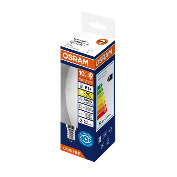 Лампа светодиодная свеча 10Вт 806Лм 2700К Е14 170-250В OSRAM LONG LIFE от магазина РЭССИ