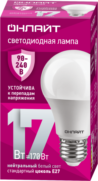 Лампа светодиодная 17 Вт OLL-A60-17-230-4K-E27 PRO 90-240В от магазина РЭССИ