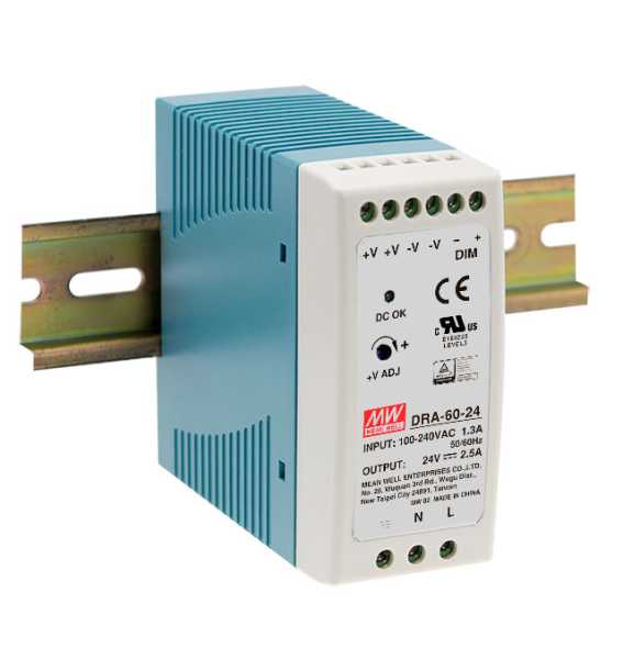 Блок питания AC-DC, 60Вт, на DIN рейку, вход 90-264В AC, 47-63Гц, 127-370В DC, выход 24В,2.5А, регулировка 24-30В, димминг 3 в 1, в кожухе от магазина РЭССИ