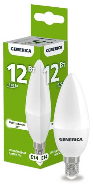 Лампа светодиодная C35 свеча 12Вт 230В 4000К E14 GENERICA от магазина РЭССИ