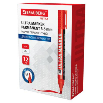 Перманентный маркер BRAUBERG ULTRA MARKER красный 3.5 мм с клипом 152205 от магазина РЭССИ