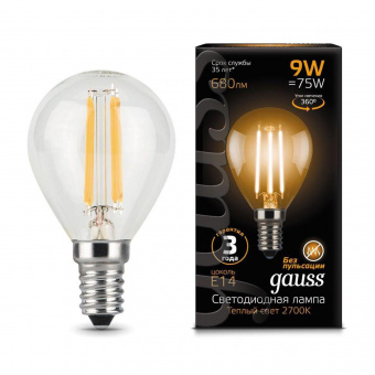 Лампа филам. Gauss Filament 9Вт цок.:E14 шар 220B 2700K св.свеч.бел.теп. (упак.:10шт) (105801109) от магазина РЭССИ
