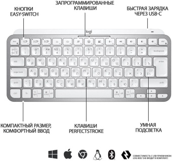 Клавиатура Logitech MX Keys Mini серебристый/белый USB беспроводная BT/Radio LED (920-010499) от магазина РЭССИ