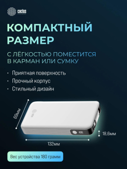 Мобильный аккумулятор Cactus CS-PBFSPA-10000 10000mAh 22.5W 4.5A 2xUSB-C белый от магазина РЭССИ
