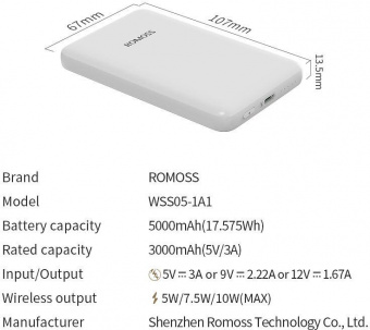 Мобильный аккумулятор Romoss WSS05 5000mAh 3A PD беспров.зар. белый от магазина РЭССИ