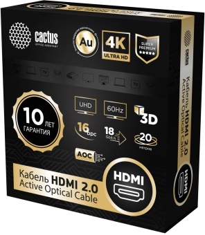 Кабель аудио-видео Cactus CS-HDMI-AOC-2-20 HDMI (m)/HDMI (m) 20м. позолоч.конт. черный от магазина РЭССИ