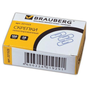 Скрепки BRAUBERG 28 мм никелированные 100 шт. в картонной коробке RU  221523 от магазина РЭССИ