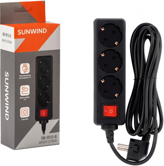 Сетевой фильтр SunWind SW-SP33-B 3м (3 розетки) черный (коробка) от магазина РЭССИ