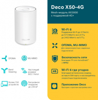 Бесшовный Mesh роутер TP-Link Deco X50-4G(1-pack) AX3000 1000BASE-T белый от магазина РЭССИ