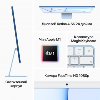 Моноблок Apple iMac A2438 24" 4.5K M1 8 core (3.2) 8Gb SSD256Gb 7 core GPU macOS WiFi BT клавиатура мышь Cam синий 4480x2520 от магазина РЭССИ