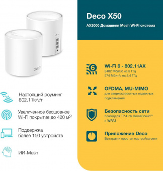 Бесшовный Mesh роутер TP-Link DECO X50(2-PACK) AX3000 10/100/1000BASE-TX белый (упак.:2шт) от магазина РЭССИ