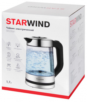 Чайник электрический Starwind SKG3081 1.7л. 1700Вт черный/серебристый (корпус: стекло) от магазина РЭССИ