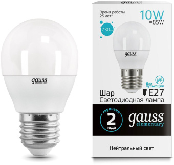 Лампа светодиодная Gauss Elementary 10Вт цок.:E27 шар 220B 4100K св.свеч.бел.нейт. (упак.:10шт) (53220) от магазина РЭССИ