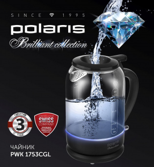 Чайник электрический Polaris PWK 1753CGL 1.5л. 1950Вт черный (корпус: стекло) от магазина РЭССИ