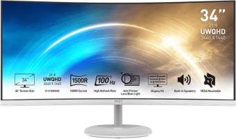 Монитор MSI 34" Pro MP341CQW белый VA LED 1ms 21:9 HDMI M/M матовая 300cd 178гр/178гр 3440x1440 100Hz DP 2K 7.7кг от магазина РЭССИ