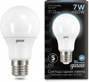 Лампа светодиодная Gauss 7Вт цок.:E27 шар 220B 4100K св.свеч.бел.ней. A60 (упак.:10шт) (102502207) от магазина РЭССИ