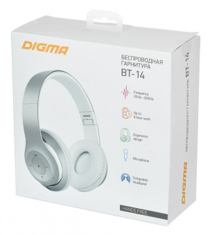 Гарнитура накладные Digma BT-14 сереб.мат. беспроводные bluetooth оголовье (BT-14S) от магазина РЭССИ