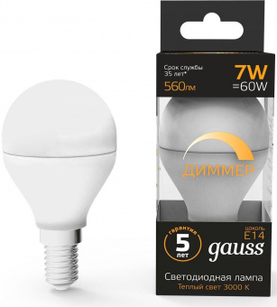 Лампа светодиодная Gauss 7Вт цок.:E14 шар 220B 3000K св.свеч.бел.теп. (упак.:1шт) (105101107-D) от магазина РЭССИ