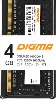 Память DDR3L 4Gb 1600MHz Digma DGMAS31600004S RTL PC3-12800 CL11 SO-DIMM 204-pin 1.35В single rank Ret от магазина РЭССИ
