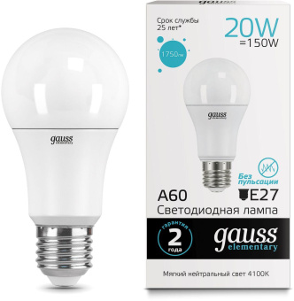 Лампа светодиодная Gauss Elementary 20Вт цок.:E27 груша 220B 4100K св.свеч.бел.ней. A60 (упак.:10шт) (23229) от магазина РЭССИ