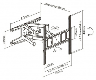Кронштейн для телевизора Ultramounts UM908 черный 32"-75" макс.40кг настенный поворотно-выдвижной и наклонный от магазина РЭССИ