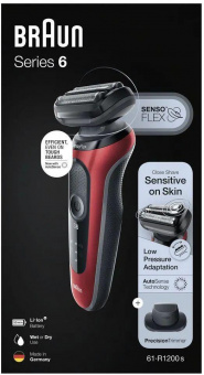 Бритва сетчатая Braun Series 6 61-R1200S реж.эл.:3 питан.:аккум. красный/черный от магазина РЭССИ