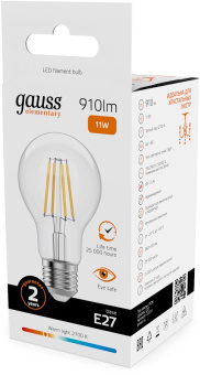 Лампа филам. Gauss Filament 11Вт цок.:E27 груша св.свеч.бел.теп. (упак.:10шт) (22211) от магазина РЭССИ