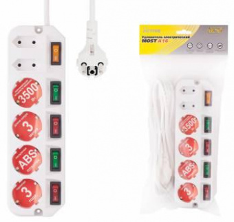 Сетевой удлинитель Most A16 1.6м (6 розеток) белый (пакет ПЭ) от магазина РЭССИ