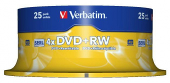 Диск DVD+RW Verbatim 4.7Gb 4x Cake Box (25шт) (43489) от магазина РЭССИ