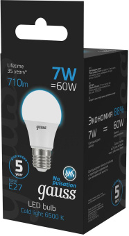 Лампа светодиодная Gauss 102502307 7Вт цок.:E27 груша 220B 6500K св.свеч.бел.хол. (упак.:10шт) от магазина РЭССИ