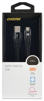 Кабель Digma TYPE-C-3M-BRAIDED-BLK USB (m)-USB Type-C (m) 3м черный от магазина РЭССИ