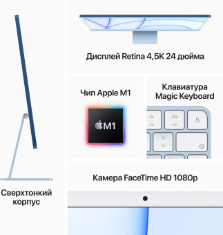 Моноблок Apple iMac A2438 24" 4.5K M1 8 core (3.2) 8Gb SSD256Gb 8 core GPU macOS WiFi BT 143W клавиатура мышь Cam синий 4480x2520 от магазина РЭССИ
