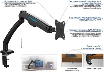 Кронштейн для мониторов ЖК Kromax OFFICE-8 черный 15"-32" макс.8кг настольный поворот и наклон верт.перемещ. от магазина РЭССИ