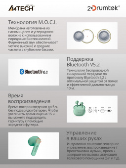 Гарнитура вкладыши A4Tech 2Drumtek B20 TWS мятный беспроводные bluetooth в ушной раковине (B20 MINT GREEN) от магазина РЭССИ