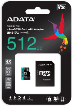 Флеш карта microSDHC 512Gb Class10 A-Data AUSDX512GUI3V30SA2-RA1 Premier Pro + adapter от магазина РЭССИ