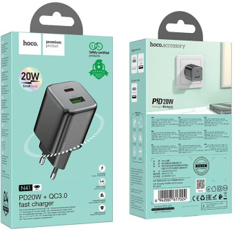Сетевое зар./устр. Hoco N41 Almighty Black 20W 3A (PD+QC+AFC) USB-A/Type-C черный от магазина РЭССИ