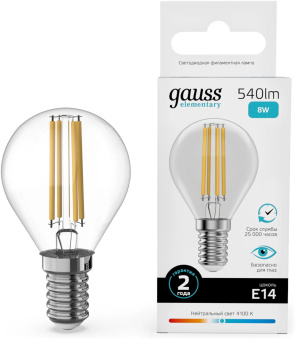 Лампа филам. Gauss Filament 8Вт цок.:E14 шар св.свеч.бел.нейт. (упак.:10шт) (52128) от магазина РЭССИ