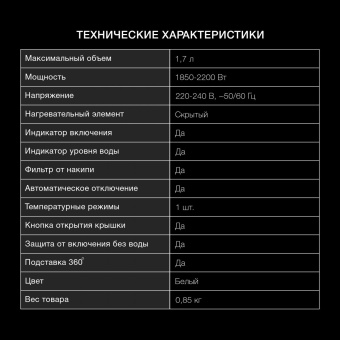 Чайник электрический Hyundai HYK-P2021 1.7л. 2200Вт белый/серый корпус: пластик от магазина РЭССИ