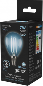 Лампа светодиодная Gauss Filament 7Вт цок.:E14 шар 220B 4100K св.свеч.бел.ней. P45 (упак.:1шт) (105801207) от магазина РЭССИ