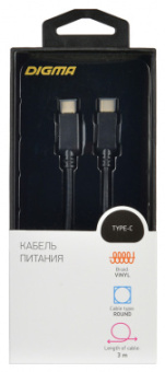 Кабель Digma Power Delivery 60W PD-60W-3M USB Type-C (m)-USB Type-C (m) 3м черный от магазина РЭССИ