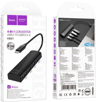 Разветвитель USB-C Hoco HB41 Type-C 4порт. черный от магазина РЭССИ