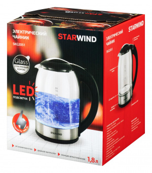 Чайник электрический Starwind SKG2051 1.8л. 1800Вт черный/серебристый (корпус: стекло) от магазина РЭССИ