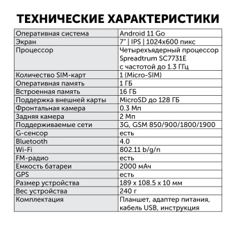 Планшет SunWind Sky 7143B 3G SC7731 4C RAM1Gb ROM16Gb 7" IPS 1024x600 3G Android 11.0 Go черный 2Mpix 0.3Mpix BT GPS WiFi Touch microSD 128Gb 2000mAh от магазина РЭССИ