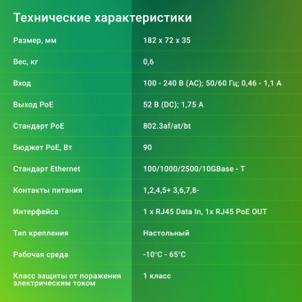 Инжектор PoE Digma DNP90W52GWXM 100/1000/2500/10GBASE-T 90Вт 100-240В(АС) от магазина РЭССИ