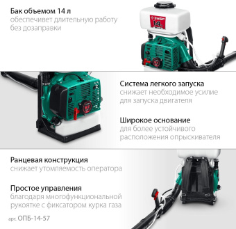 Опрыскиватель Зубр ОПБ-14-57 бенз. ранц. 14л зеленый от магазина РЭССИ