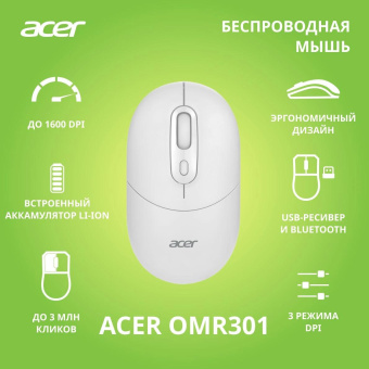 Мышь Acer OMR301 белый оптическая 1600dpi беспров. BT/Radio USB 4but (ZL.MCECC.01U) от магазина РЭССИ