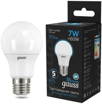 Лампа светодиодная Gauss 102502307 7Вт цок.:E27 груша 220B 6500K св.свеч.бел.хол. (упак.:10шт) от магазина РЭССИ