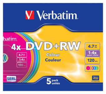 Диск DVD+RW Verbatim 4.7Gb 4x Slim case (5шт) Color (43297) от магазина РЭССИ